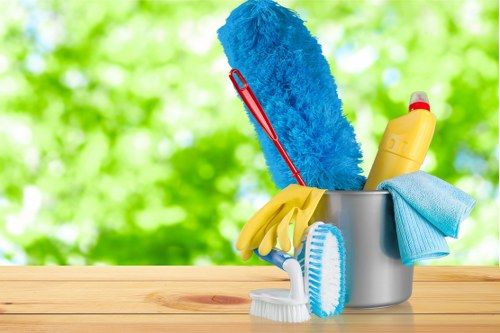 Cleaner beginning a safe work shift with protective equipment and cleaning tools